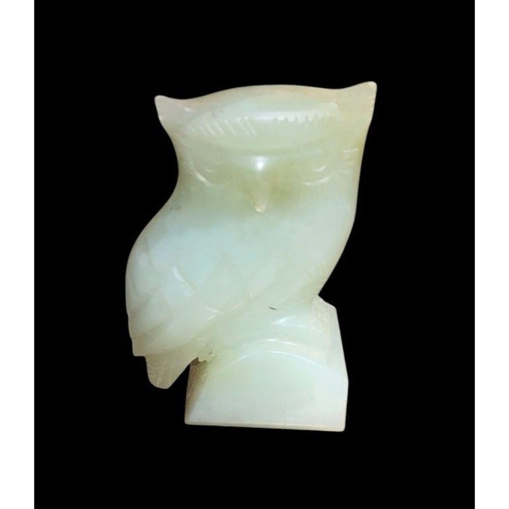 Vtg Green Onyx Alabaster Stone Carved Owl Figurine Paperweight Statue 2.5"